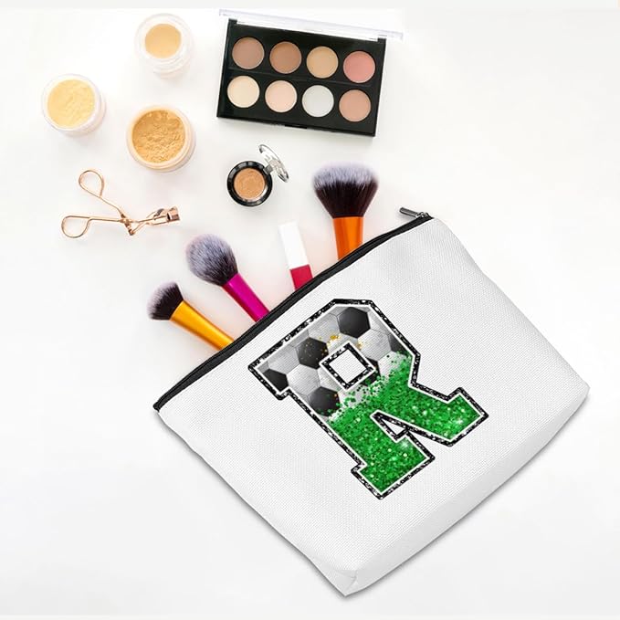 CQM Soccer Gifts Initial Makeup Bag Monogrammed Cosmetic Bag Letter R Zipper Pouch Soccer Accessories for Girls Women Player Coaches Friend Graduation Birthday Gifts