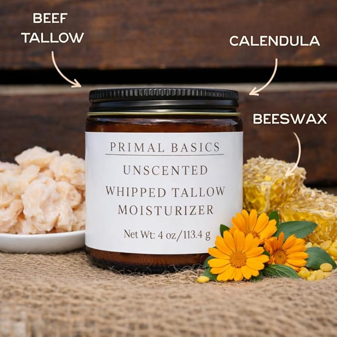 Primal Basics 100% Grass Fed Grass Finished Whipped Beef Tallow Moisturizer/Body Balm for Face, Body, Oily, Dry, Sensitive Skin -Contains Vitamins A, D, E, K -USA Made (4 oz, Unscented)