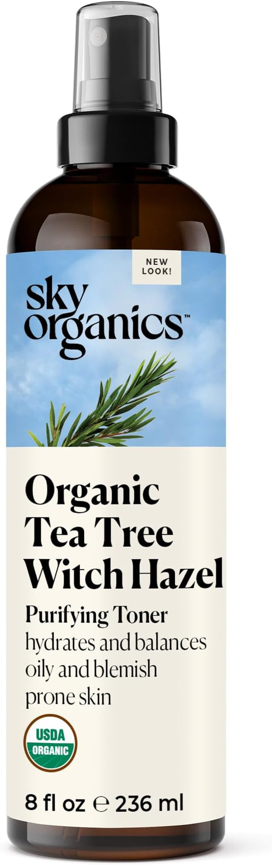 Sky Organics Organic Tea Tree & Witch Hazel for Face, Purifying Facial Toner to Hydrate, Soothe, Cleanse and Balance Blemish-Prone Skin, Helps Minimize the Appearance of Pores, 8 fl oz