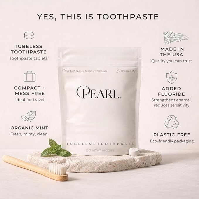 Pearl Fluoride Mint Toothpaste Tablets | Dentist Designed | Natural Whitening | Sensitivity Relief | TSA Approved | Plastic-Free | Reusable Packaging (62 Tablets)