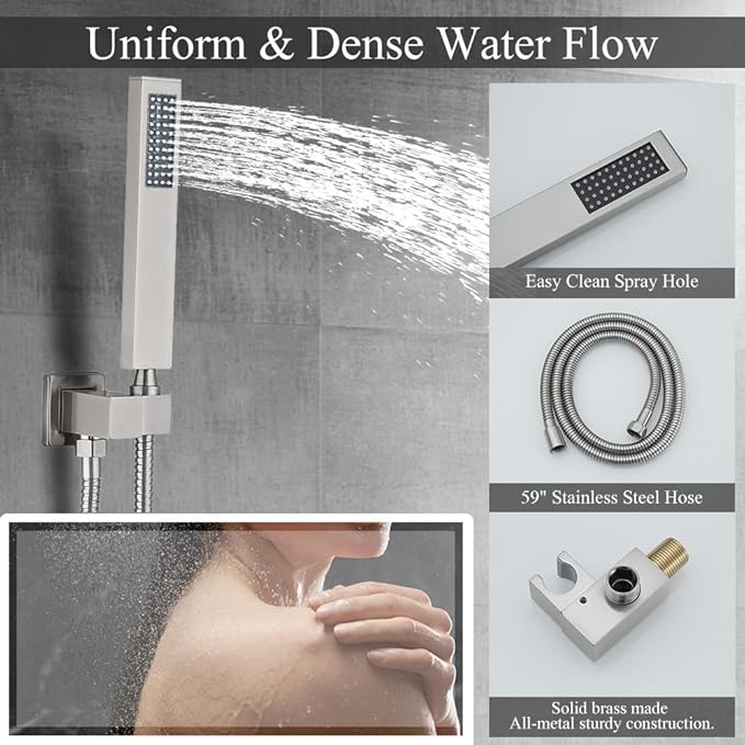 YCAIKOI Shower Faucet Set 16 Inch Wall Mount Rain Shower System, All Metal Shower Fixtures - Brushed Nickel