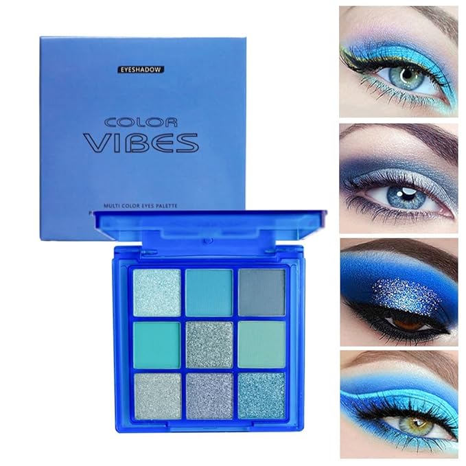 9 Colors Eyeshadow Palette - Blue Eyeshadow Theme, High Pigmented Blendable Matte & Glitter Shimmer Finishes, Long Lasting Eye Makeup for Christmas & Music Festivals(Blue)