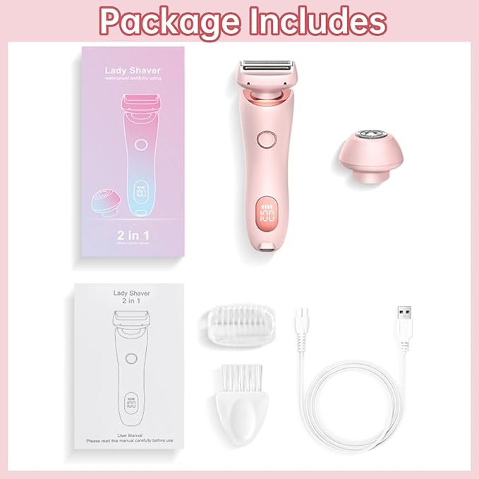 2 in 1 Electric Razors for Women, Electric Shaver for Women Bikini Trimmer, Portable Electric Razors Wet & Dry Use, Removable Head, Multifunctional Full-Body Shaving (Pink)