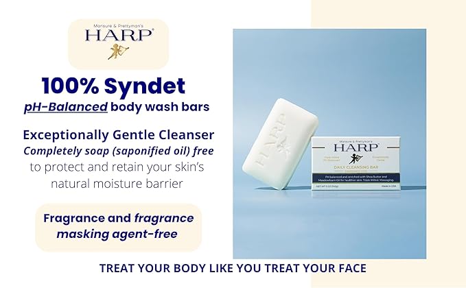 HARP® FRAGRANCE FREE Body Wash Bar – pH Balanced (5.0–6.0) Syndet Cleanser, No Lye, Non-Comedogenic, Gentle for Sensitive & Dry Skin, With Shea Butter & Borage Oil. 5oz Bars