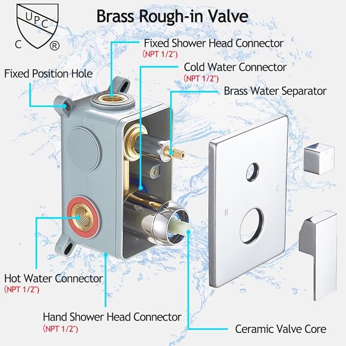 YCAIKOI Chrome Shower System, 8 Inch High Pressure Rain Shower with Handheld, Wall Mount Shower Faucet Set for Bathroom, Rough-in Valve Body and Trim Included