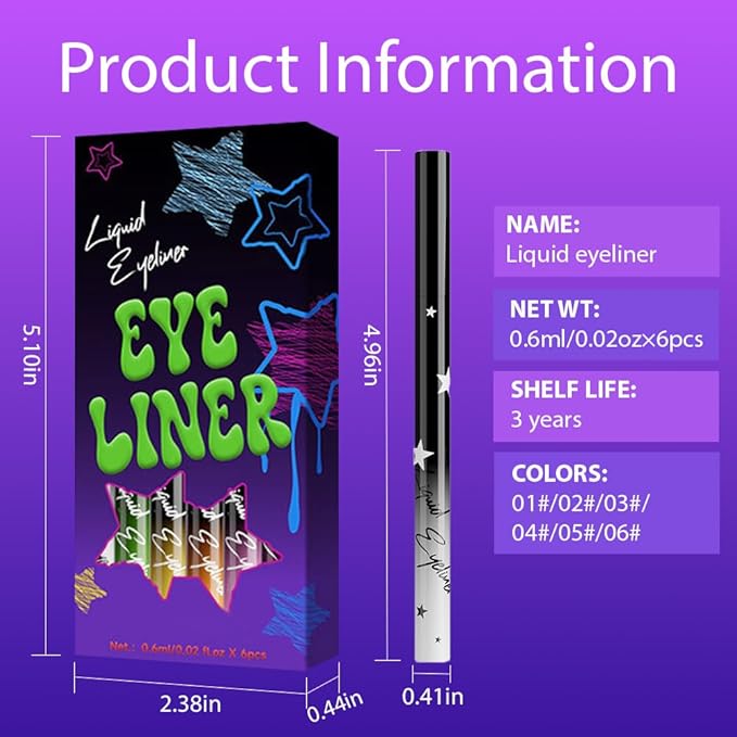 evpct 6Pcs Matte Liquid Eyeliner Set Pack Waterproof Smudge Proof, White Green Yellow Orange Pink Purple Eye Liner Liquid Liner for Face Body Paint, Long-lasting Eyeliner Waterline Thin Quick-dry 01