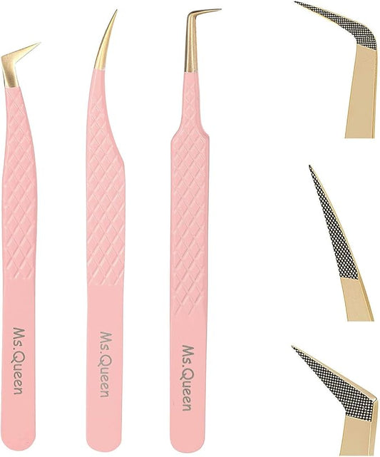 Ms.Queen Lash Tweezers for Eyelash Extensions,Precision 3Pcs Fiber Tip Grip 90 Degree L-Shaped Boot Volume Dolphin Isolation Eyelash Tweezers Set