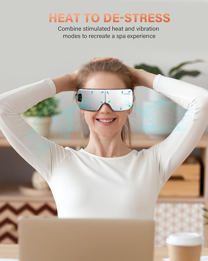 ZZR SEVEN Eye Massager with Heat, 7 Massage Modes, Eye Mask, Birthday Gifts for Women, Men, Friend, Mom and Dad, Sleep Mask for Relax, Migraine Relief, Reduce Strain, Improve Sleep, White