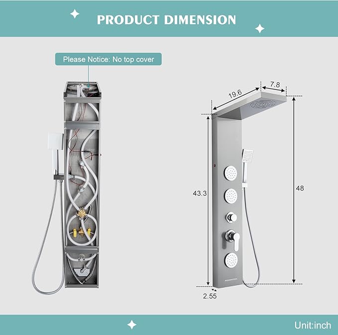KINKIB Shower Panel Tower System for Bathroom - 5 In 1 Full Body Shower Tower With Led, Rainfall Shower Head With Powerful Body Jets, Handheld Shower and Tub Spout, Brushed Finish