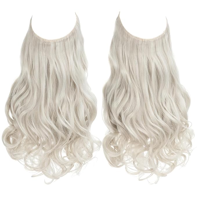 SARLA Invisible Wire Hair ExtensionsLong Wavy Curly Synthetic Hairpiece f with 3 Clips or Women Adjustable Transparent Headband 18 Inch Ice Blonde