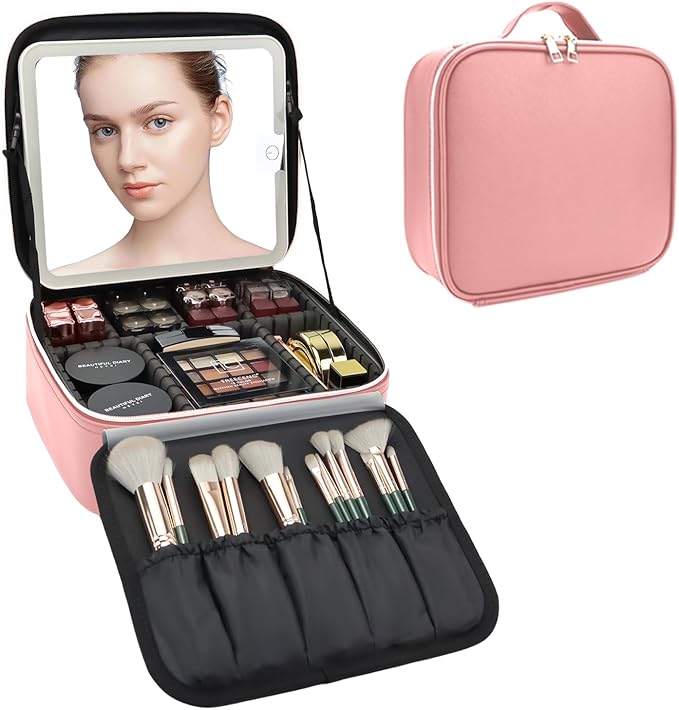 SLUMAZI Travel Makeup Bag with LED Mirror Travel Makeup Organizer with 3 Lighted Settings, Adjustable Dividers and Makeup Brush Storage Bag Pink