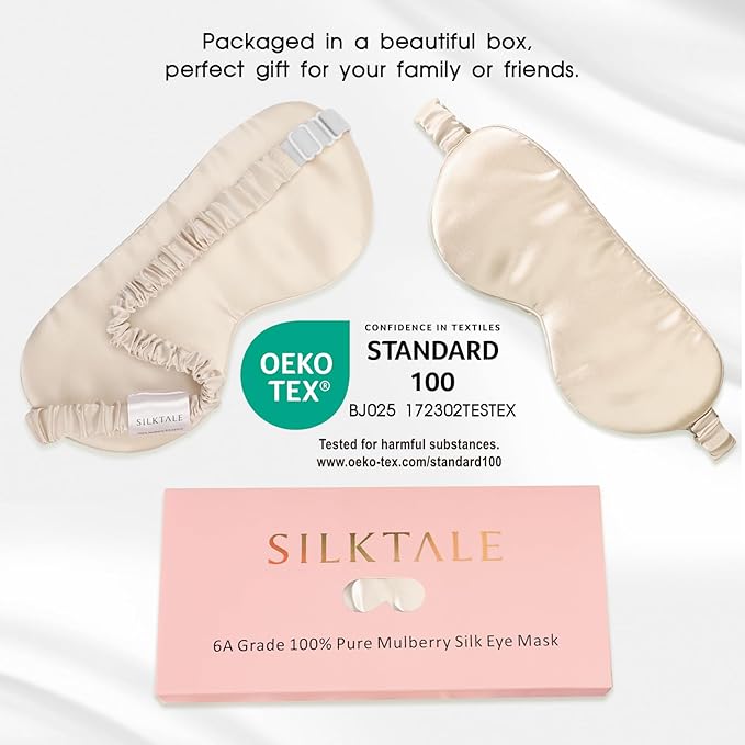 SILKTALE 100% Mulberry Silk Eye Mask for Sleeping with Silk Wrapped Adjustable Strap,Beige