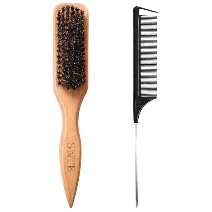 Boar Bristle Slick Back Hair Brush, Rat Tail Comb Set - Soft Bristle Smoothing HairBrush for Women & Men with Fine/Medium Hair - Wooden Teasing Brush - Tames Frizz, Sleek Flyaways, Style Edges