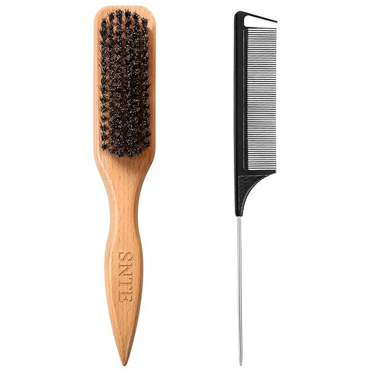 Boar Bristle Slick Back Hair Brush, Rat Tail Comb Set - Soft Bristle Smoothing HairBrush for Women & Men with Fine/Medium Hair - Wooden Teasing Brush - Tames Frizz, Sleek Flyaways, Style Edges