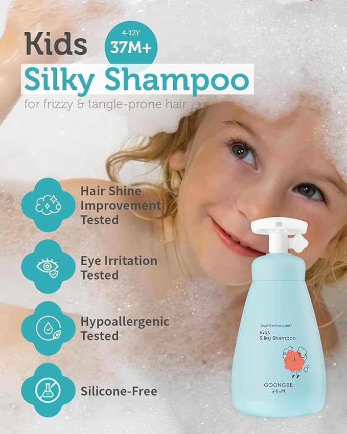 GOONGBE Kids' Silky Shampoo - Korean Kids Hair Softening Shampoo - Shiny and Glossy Hair for Weak, Frizzy and Tangle Prone Hair - Low pH & Silicone-Free - Allergen Free Scent, 10.1 fl.oz. 2 Pack