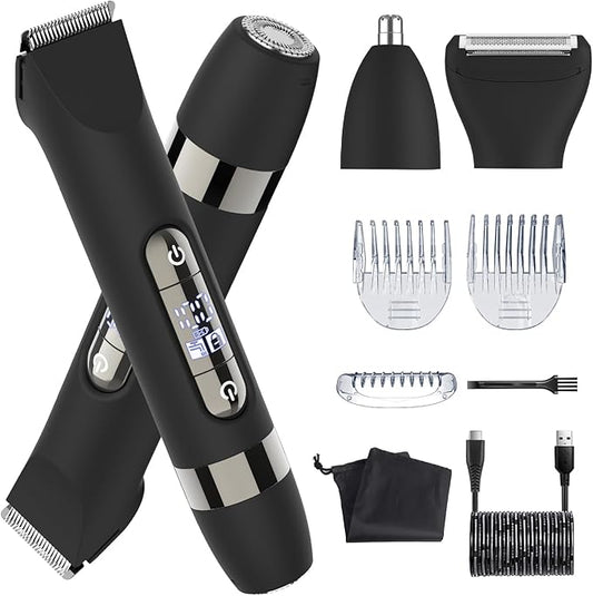 Hatteker 4 in 1 Multifunctional Dual - Head Body Hair Trimmer for Men, IPX7 Waterproof Groin & Body Hair Groomer, Rechargeable Body Electric Shaver Razor