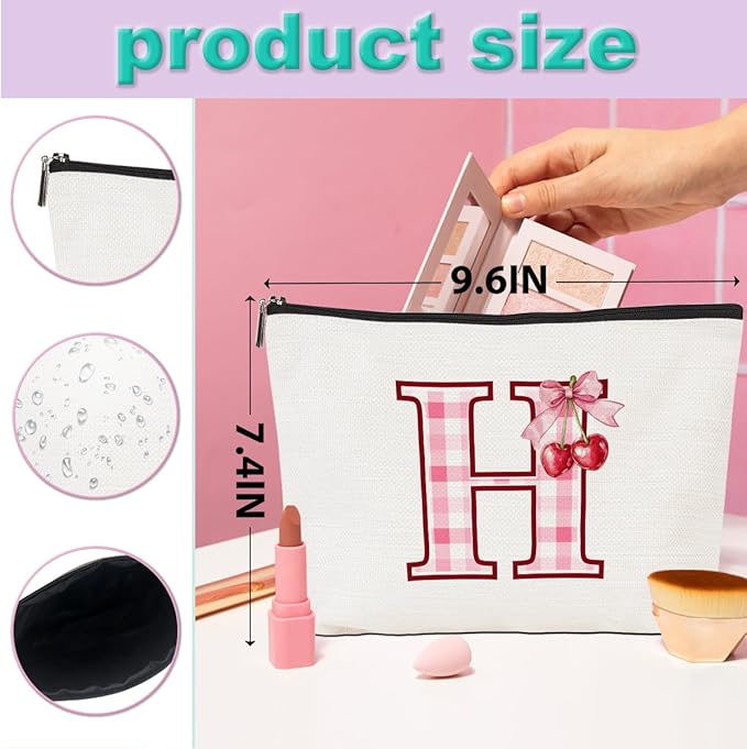 CQM Initial Makeup Bag Monogram Cosmetic Bag Monogrammed Gifts for Women Girls Friends Coworker Girlfriend Personalized Travel Toiletry Bag Christmas Bridal Shower Wedding Bridesmaid Gifts, Cherry H