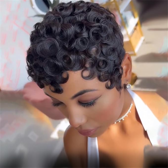 Pixie Cut Short Bob Wig for Black Women 100% Brazilian Human Hair Full Machine Made Wigs Glueless Natural Black Color Curly Human hair