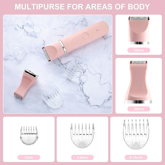 Bikini Trimmer for Women,Rechargeable Ladies Bikini Hair Trimmer Removal with Snap-in Ceramic Blades IP7X Washable Head,Pink