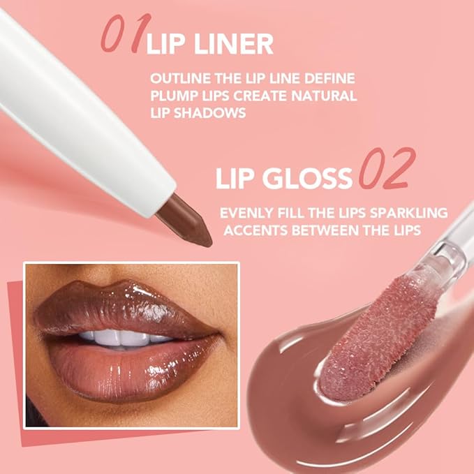 BINGBRUSH 2PCS Lip Gloss Set, Creamy 2-in-1 Lip Liner & Gloss Combo, Hydrating Lip Plumper Lifter, Easy-to-Apply Lip Tint for Daily, Work & Party, Women's Makeup
