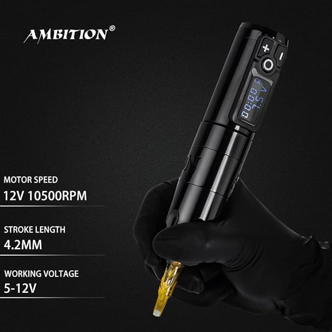 Ambition Soldier Rotary Battery Pen with Extra Battery Tattoo Cartridge Machine 2400mAh Wireless Power Coreless Motor Digital LED Display Tattoo Equipment Supply (Polish Red)