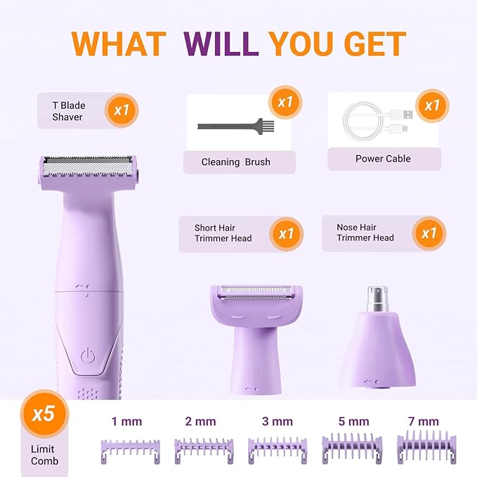 Bikini Trimmer for Women, 3-in-1 Painless Womens Electric Razors & Pubic Hair Trimmer, Waterproof Womens Shaver with Ceramic Blades, USB Rechargeable Lady Groomer for Legs Underarm Face,Violet