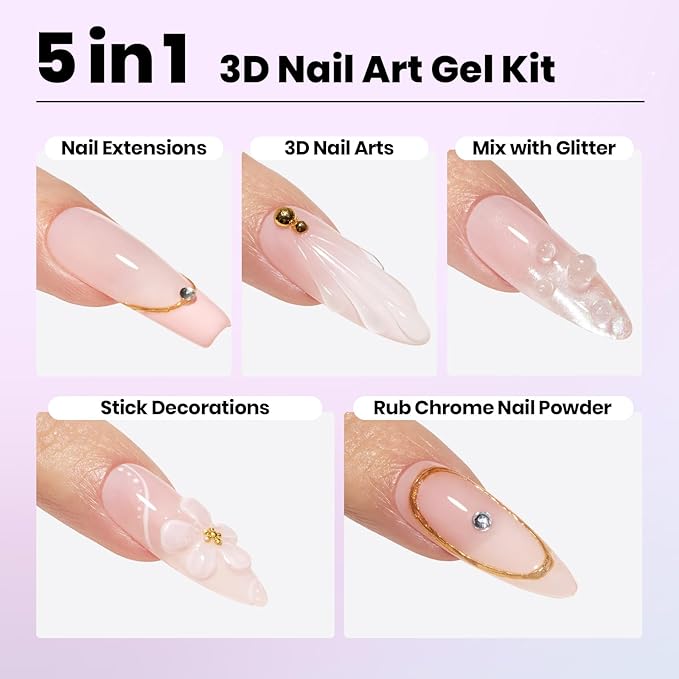 Beetles 3D Gel Nail Art Kit-Crystal Orb 3D Nail Art Clear 1 oz 5 in 1 Non-Sticky Hand Sculpting Building for Beginner DIY Salon at Home,Clear Solid Builder Nail Gel, UV & LED Lamp Cured Needed