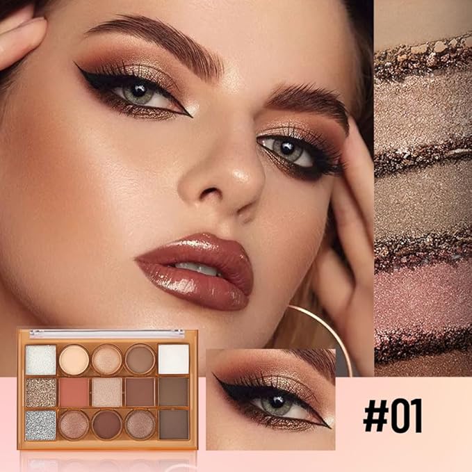 15 Color Neutral Nude Eyeshadow Palette Makeup – High Pigment Waterproof Matte & Shimmer Eyeshadow Palette, Long-Lasting Blendable, Pink, Brown, Rose Gold, Glitter Eye Makeup (01#, 1 Count)
