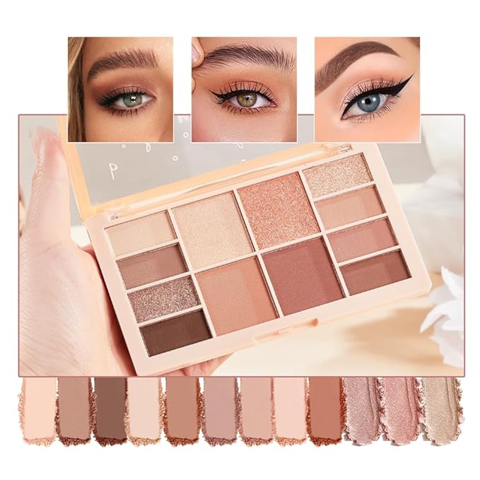 12-Color Neutral Nude Eyeshadow Palette – Matte, Shimmer&Glitter Warm Brown Caramel Shades, High-Pigment, Long-Lasting, Blendable Soft Glam Eye Shadow Makeup Kit for Daily Wear, Beginners&Mature Eyes