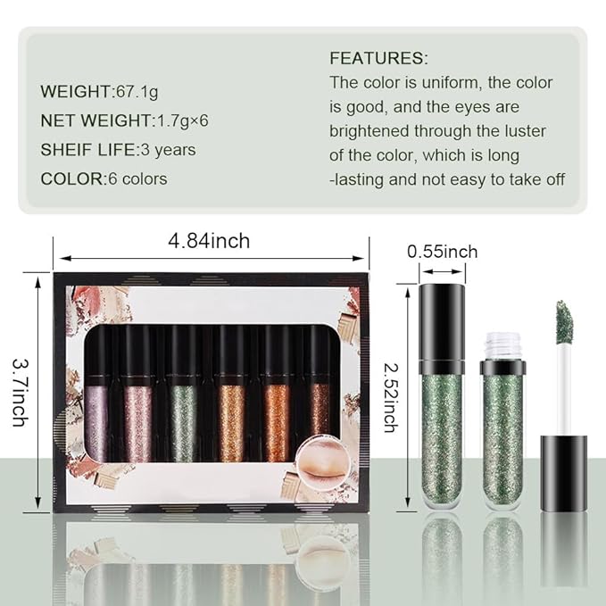 6 Colorful Shades Waterproof Liquid Glitter Eyeshadow Eyeliner Sticks Kit – Long Wearing Professional Eye Makeup Set,sombras de ojos,Set B