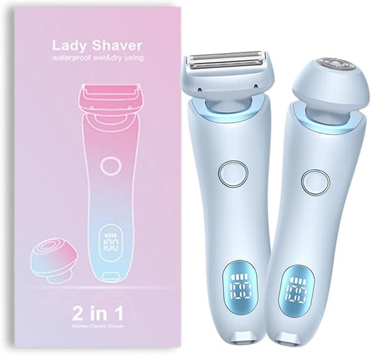 2 in 1 Electric Razors for Women, Electric Shaver for Women Bikini Trimmer, Portable Electric Razors Wet & Dry Use, Removable Head, Multifunctional Full-Body Shaving (Blue)