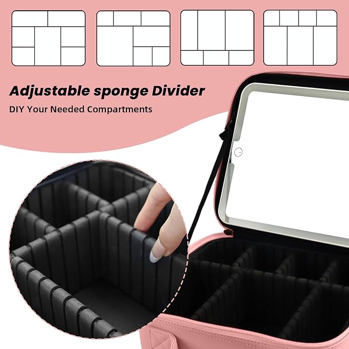 SUILU Travel Makeup Bag with LED Mirror Makeup Case with Light Up Mirror Portable Cosmetic Brush Organizer Bag with Adjustable Dividers for Cosmetics Makeup Brushes Toiletry (Pink)