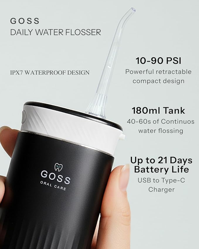 Goss Oral Care Portable Water Flosser for Teeth Cleaning – Cordless, Rechargeable Water Flosser for Travel, Braces, Implants, Crowns & Gum Health