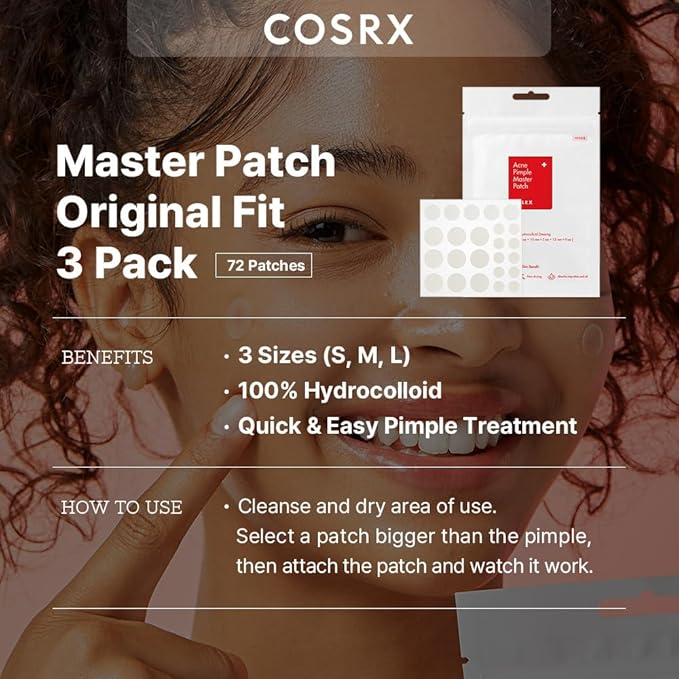 COSRX Acne Pimple Patch Absorbing Hydrocolloid Original 3 Size Patches for Blemishes and Zits Cover, Spot Stickers for Face and Body, Not Tested on Animals (72)