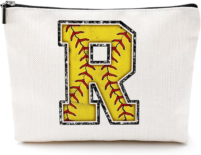 CQM Softball Gifts Initial Makeup Bag Monogrammed Cosmetic Bag Yellow Letter R Zipper Pouch Softball Accessories for Girls Women Player Coaches Friend Graduation Birthday Gifts
