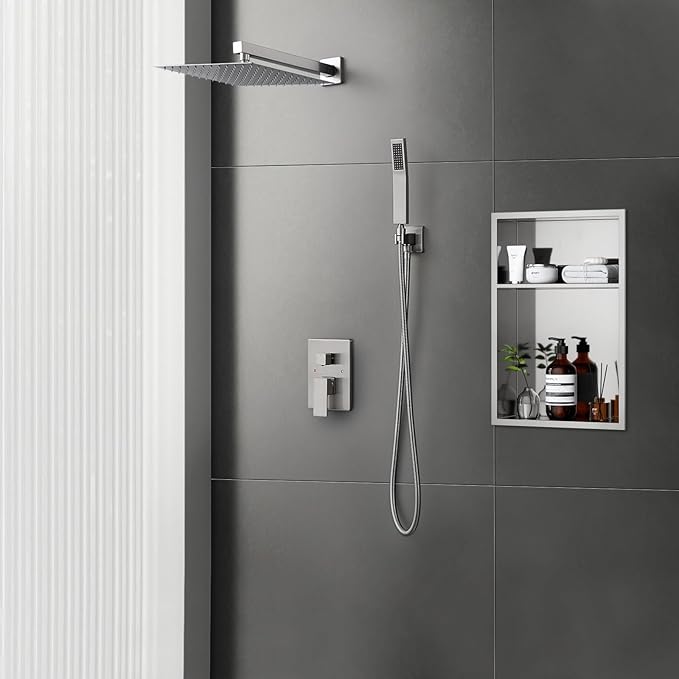 POPFLY Recessed 2-Function Shower System with 10" Square Rainfall Shower Head & High Pressure Handheld Spray – Wall Mounted Shower Faucet Set, Brushed Nickel Trim Kit with Rough-in Brass Valve