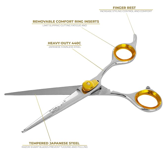 SHARF Gold Touch Barber 6.5 Inch, Professional Straight Shears 440c Japanese Stainless Steel Barber Scissors for Men and Women