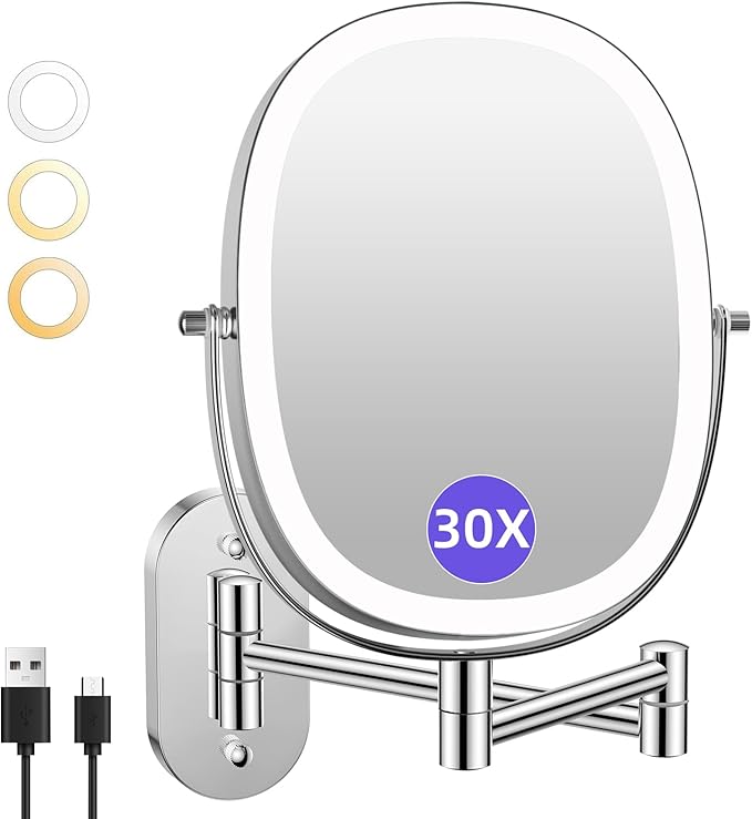 FUNTOUCH 30X/1X Wall Mounted Lighted Makeup Mirror,5000mAh Rechargeable Double Sided Magnifying Bathroom Lighted Mirror, 3 Color Modes Touch Dimmable Extended Arm 360 Rotation, Chrome