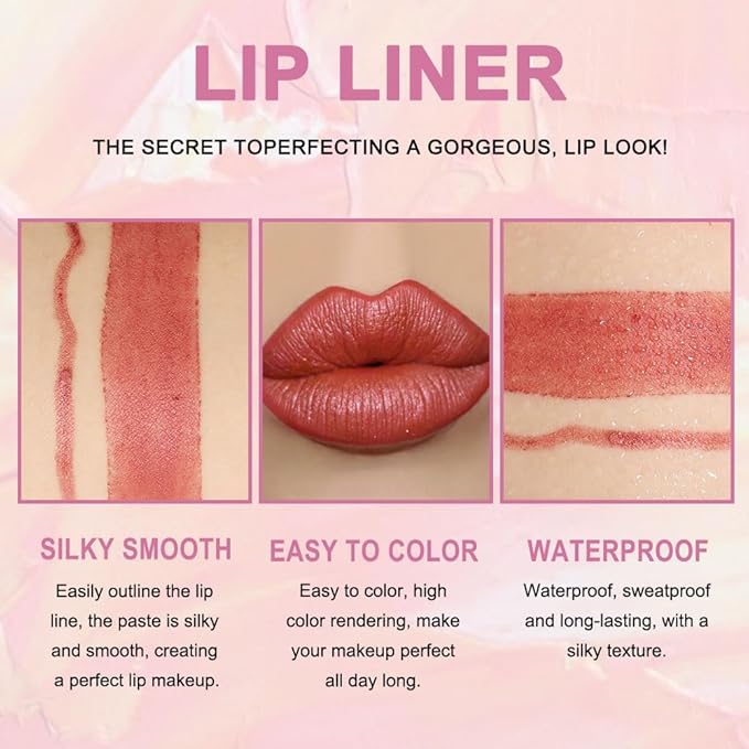 2-in-1 Rose Gold Lip-Gloss Lip Liner & Lipstick Set Kit for Women, Matte Lips Kit with Lip Liner Lip Stains Long Lasting Waterproof 24 Hour Lipstick and Lip Liners Combo Lipliners Pencil Set 07