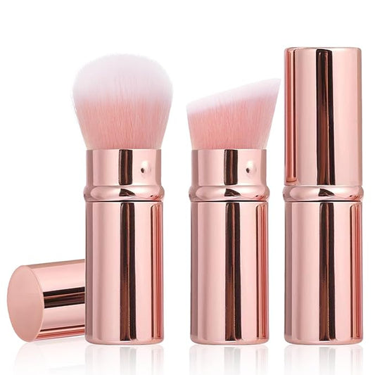 Keriloo Retractable Makeup Brush 2 Pack, Travel Kabuki Powder Makeup Brush, Foundation Face Blush Brushes for Blending Liquid, Blush, Bronzer, Buffing, Sunscreen,Flawless Cosmetics