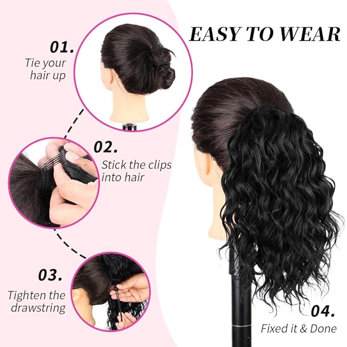 Short Deep Wave 10 Inch Drawstring Ponytail for Women Curly Ponytail Hair Extension Curly Deep Wave Hair Ponytail for Daily Use(Nature Black)