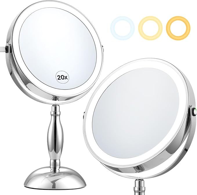 Makeup Mirror with Lights, 20X Magnifying Mirror with Light and Side Charging & Side Touch Switch, Vanity Mirror with 3 Color Light and 2-Side 360° Rotation Double Sided Standing Desk Mirror