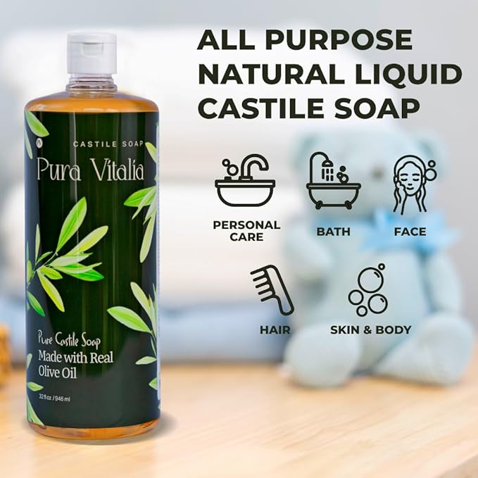 Pura Vitalia Unscented Organic Castile Soap | Body Wash & Cleanser for Face & Hands | Biodegradable, Eco-Friendly, Palm Oil Free, Vegan & Gentle | Made with 6 Natural Ingredients | 32 oz