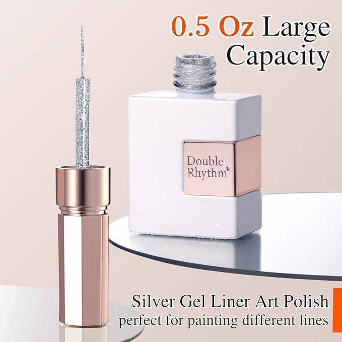 Double Rhythm 15 Ml Metallic Gel Liner Nail Art Bronze Mirror Chrome Painted Drawing Stripper 3D Effect Gel Polish (Glitter Silver-L1001)