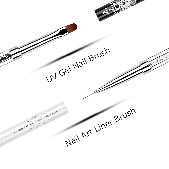2Pcs Dual-ended Nail Design Brushes Rhinestone Handle UV Gel Nail Brush Set Professional Nail Art Tools