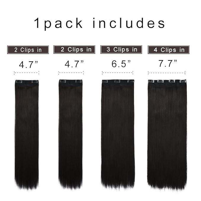 REECHO 16" Straight Short 4 PCS Set Thick Clip in on Hair Extensions Black Brown