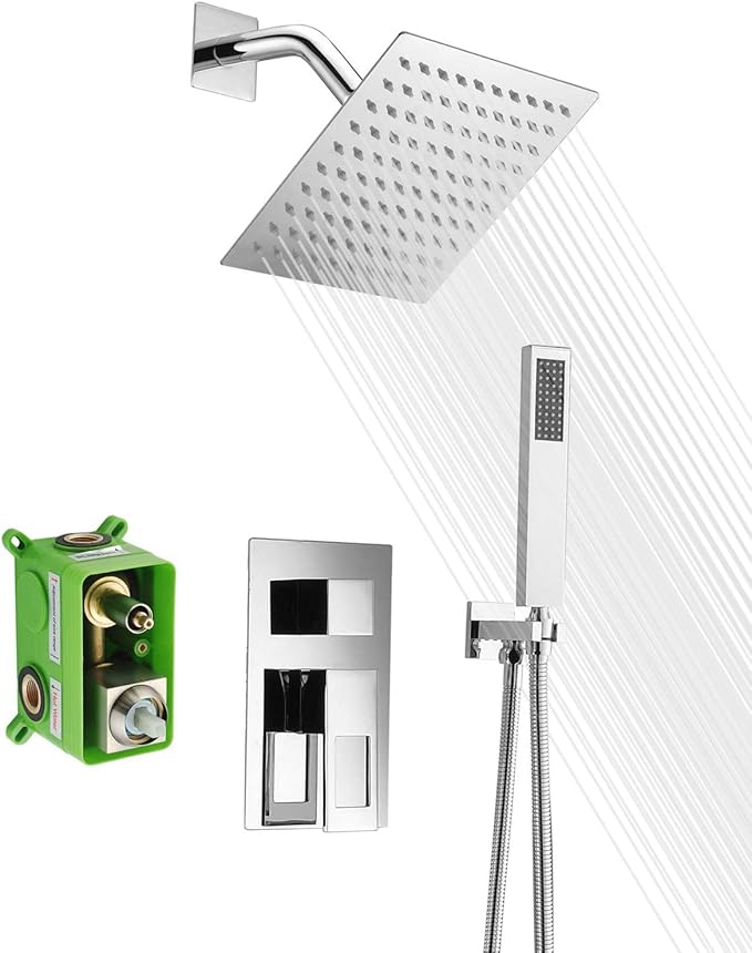 SUMERAIN Shower System Polished Chrome Shower Faucet Set with Shower Valve, 8 Inch Bathroom Luxury Rain Mixer Shower Combo Set Wall Mounted Rainfall Shower Head and Handheld
