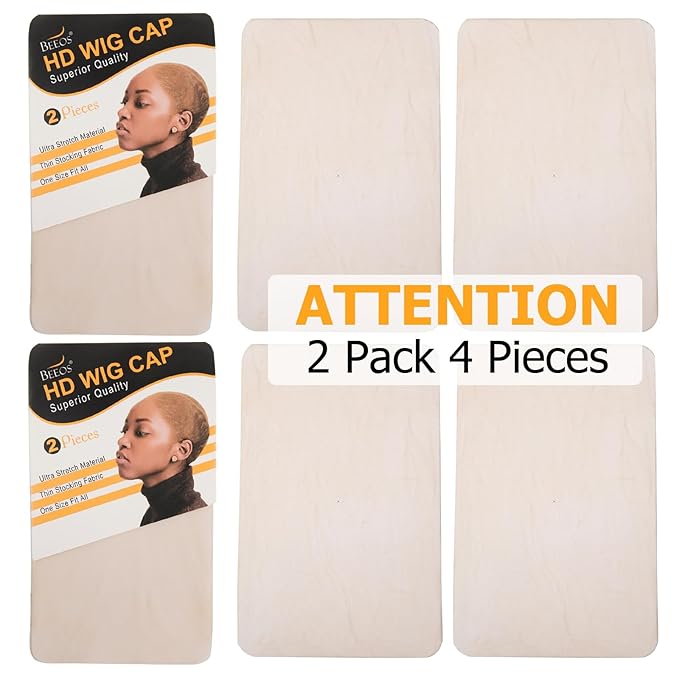 BEEOS Nude Skinlike HD Wig Cap, 4 Pieces Invisible and Sheer Breathable Ultra-thin Stretchy Stocking Caps for Lace Front Wigs, Bald Cap for Women