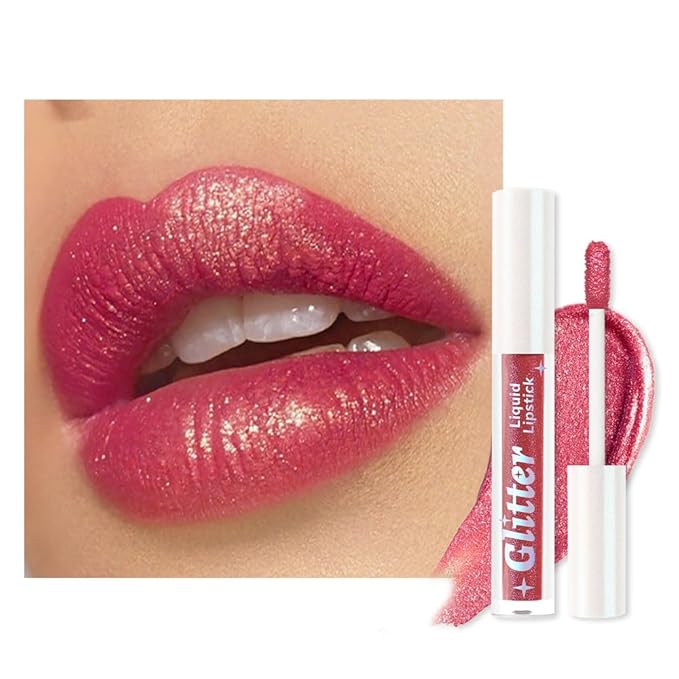 AMY'S DIARY Rose Pink Shimmer Liquid Lipstick, Shimmer Metallic Lip Gloss, Long-Lasting Waterproof Lip Color, High Shine Sparkle Makeup,Lip makeup for woman (Rose Pink 12#)