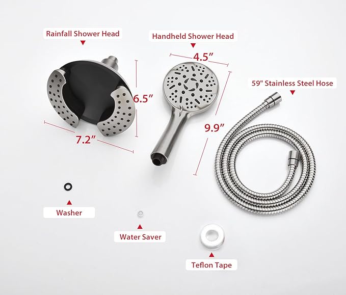 GRICH 2.5GPM Shower Head with Hand: 2 in 1 High Pressure Shower Heads With Handheld Spray Combo & Rain Shower Head, 9 Spray Modes Anti-Leak Waterfall Showerhead, Angle Adjustable, Brushed Nickel